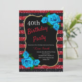 Birthday Red Black Stripes Glitzer Blue Rose Einladung (Stehend Vorderseite)