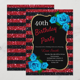 Birthday Red Black Stripes Glitzer Blue Rose Einladung