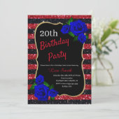 Birthday Red Black Stripes Glitzer Deep Blue Rose Einladung (Stehend Vorderseite)
