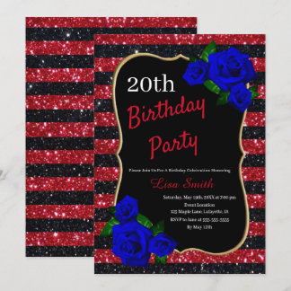 Birthday Red Black Stripes Glitzer Deep Blue Rose Einladung