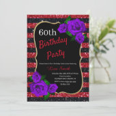 Birthday Red Black Stripes Glitzer Lila Rose Einladung (Stehend Vorderseite)