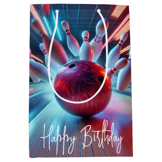Birthday Red Bowling Ball Strike Mittlere Geschenktüte (Vorderseite)