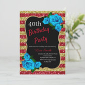 Birthday Red Gold Stripes Glitzer Blue Rose Einladung (Stehend Vorderseite)