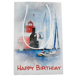 Birthday Red Michigan Lighthouse mit Sailboat Mittlere Geschenktüte