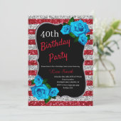 Birthday Red Silver Stripes Glitzer Blue Rose Einladung (Stehend Vorderseite)