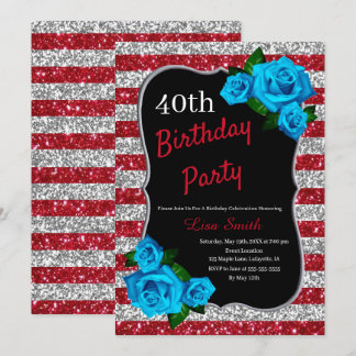 Birthday Red Silver Stripes Glitzer Blue Rose Einladung