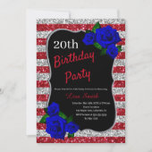 Birthday Red Silver Stripes Glitzer Deep Blue Rose Einladung (Vorderseite)
