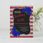 Birthday Red Silver Stripes Glitzer Deep Blue Rose Einladung (Stehend Vorderseite)