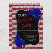 Birthday Red Silver Stripes Glitzer Deep Blue Rose Einladung (Vorne/Hinten)