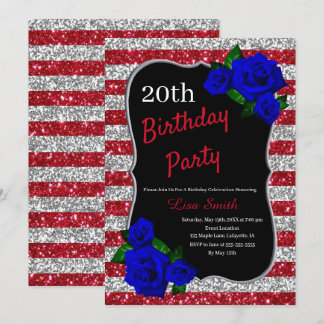 Birthday Red Silver Stripes Glitzer Deep Blue Rose Einladung