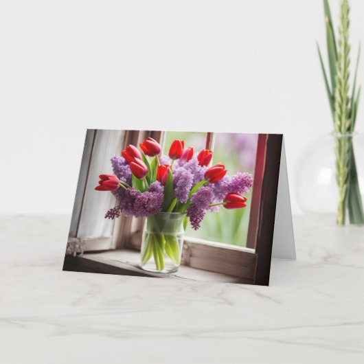 Birthday Red Tulip und Lilac Bouquet Karte (Vorderseite)