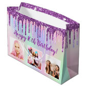 Birthday Regenbogen lila Glitzer Tropfen kundenspe Große Geschenktüte (Rückseite Schrägansicht)