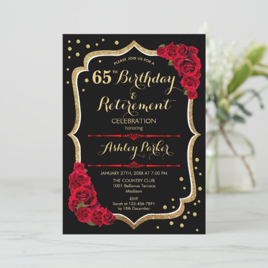 Birthday & Retirement Party - Black Gold Red Einladung (Stehend Vorderseite)