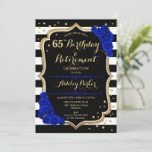 Birthday & Retirement Party Black Royal Blue Gold Einladung (Stehend Vorderseite)