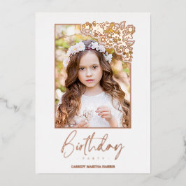Birthday Romantic Rose Gold Floral Frame Photo Folieneinladung