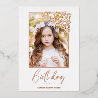 Birthday Romantic Rose Gold Floral Frame Photo Folieneinladung