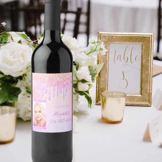 Birthday Rosa Glitzer Tropfen holografisches Foto Weinetikett