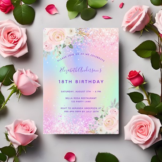 Birthday rosa lila Glitzer blumenholografisch Einladung
