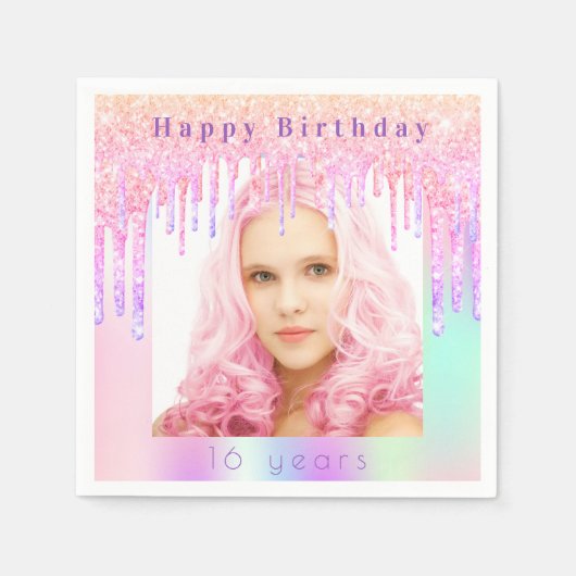 Birthday rosa lila Glitzer Tropfen Foto Serviette (Vorderseite)