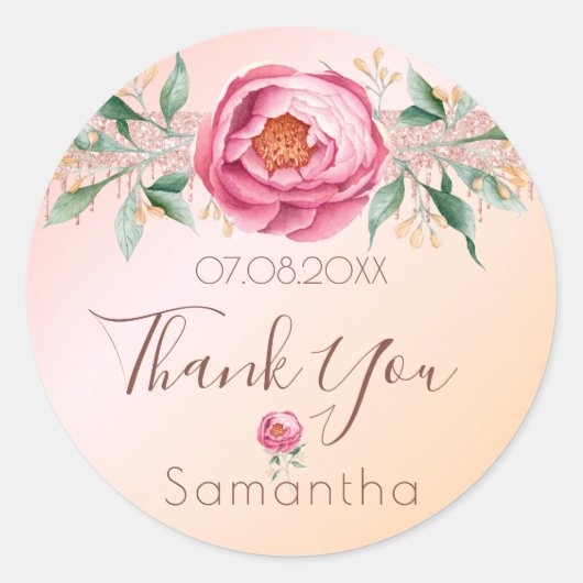 Birthday Rosa Rosa Glitzer Blumenkohl Vielen Dank Runder Aufkleber (Vorderseite)