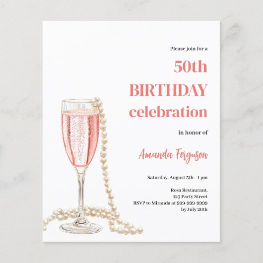 Birthday Rosa Schaumwein Perlen invirtation (Vorderseite)