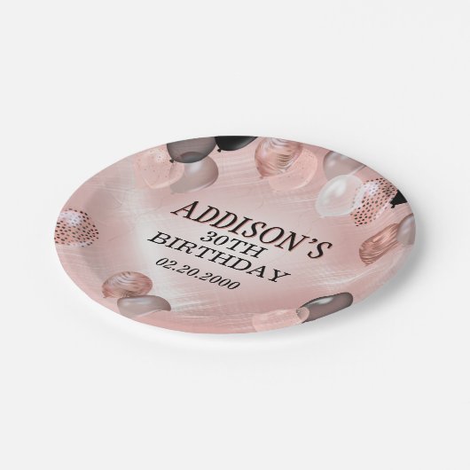 Birthday Rose Gold Balloons Pappteller (Schrägansicht)