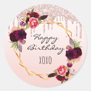 Birthday rose gold blush glitter drips floral runder aufkleber