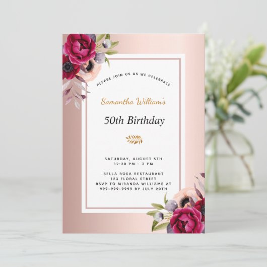 Birthday Rose gold bordeauxfarben Einladung (Stehend Vorderseite)