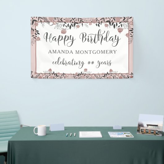 Birthday Rose Gold Floral Chic Script Banner (Messeveranstaltung)