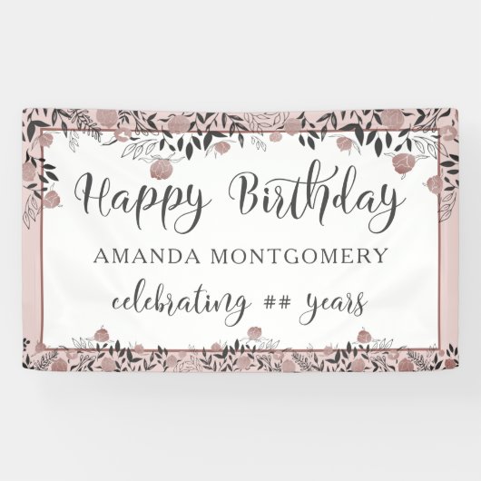 Birthday Rose Gold Floral Chic Script Banner (Horizontal)
