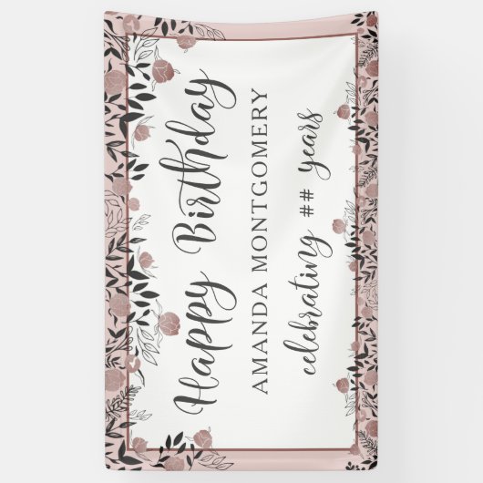 Birthday Rose Gold Floral Chic Script Banner (Vertikal)