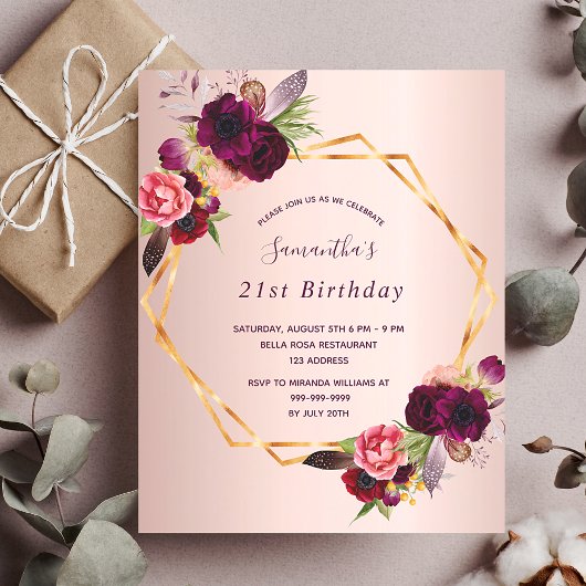 Birthday Rose Gold floralen bordeauxrot geo Einlad