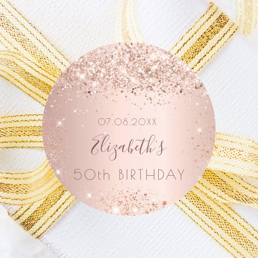 Birthday rose gold glitter dust monogram name runder aufkleber