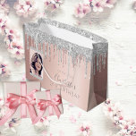 Birthday rose gold glitter photo pink silver name große geschenktüte<br><div class="desc">A gift bag for a girly and glamorous 21st (or any age) birthday. A rose gold faux metallic looking background with rose gold, pink and faux silver glitter drips, paint dripping look. Personalize and add a date, name and age 21. The text: The name is written in dark rose gray...</div>