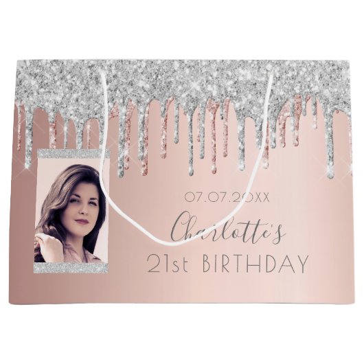 Birthday rose gold glitter photo pink silver name große geschenktüte (Vorderseite)