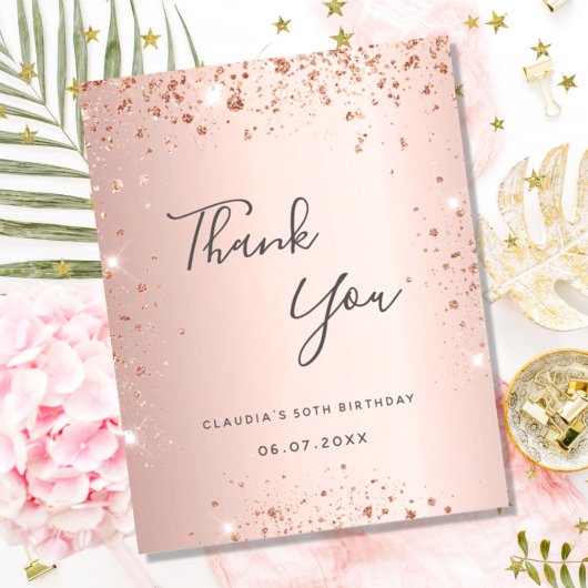 Birthday Rose Gold Glitter Thank you Card
