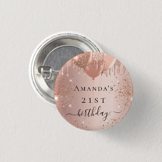 Birthday Rose Gold Glitzer Ballons Glattleder Button (Vorne & Hinten)