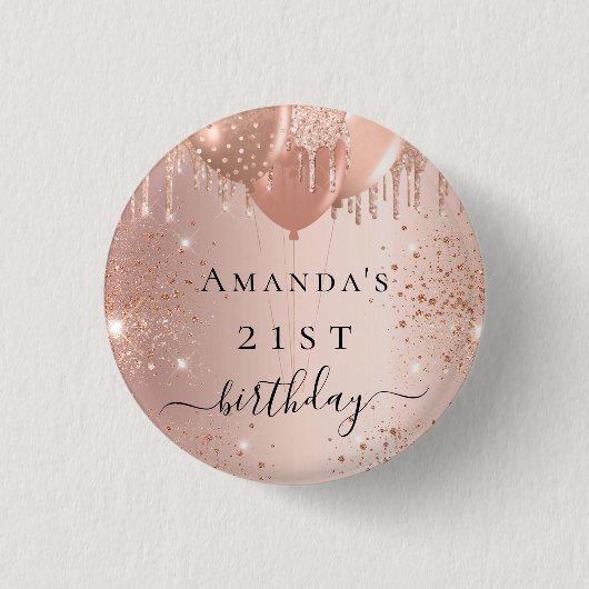 Birthday Rose Gold Glitzer Ballons Glattleder Button (Vorderseite)