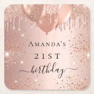 Birthday Rose Gold Glitzer Ballons Glattleder Rechteckiger Pappuntersetzer