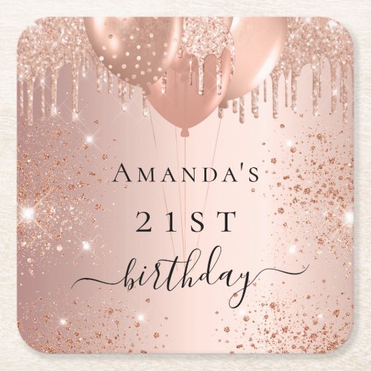 Birthday Rose Gold Glitzer Ballons Glattleder Rechteckiger Pappuntersetzer (Vorderseite)