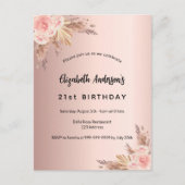 Birthday Rose Gold Pampas Gras Blumenboho Einladungspostkarte (Vorderseite)