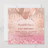 Birthday Rose Gold Rosa Glitzer Ballons Glattleder Einladung (Vorderseite)