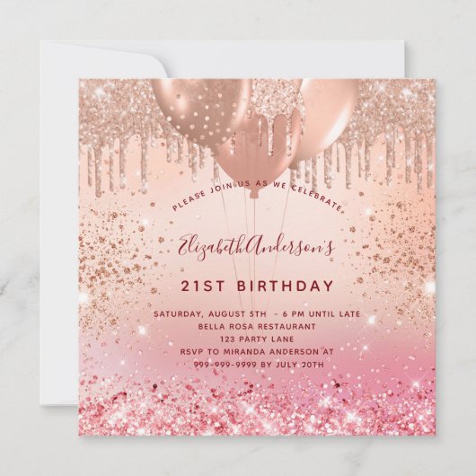 Birthday Rose Gold Rosa Glitzer Ballons Glattleder Einladung (Vorderseite)