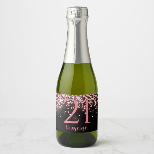 Birthday Rose Gold Rosa Glitzer Glam 21. Schaumweinetikett (Vorderseite)