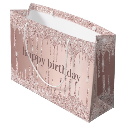 Birthday Rose Gold Rose Glitzer Tropfen Große Geschenktüte (Rückseite Schrägansicht)