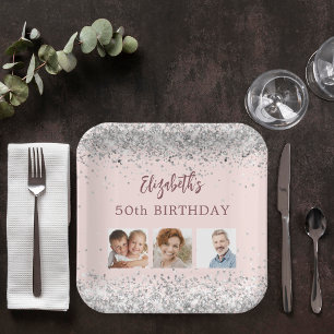 Birthday Rose Gold Silber Konfetti Foto Pappteller