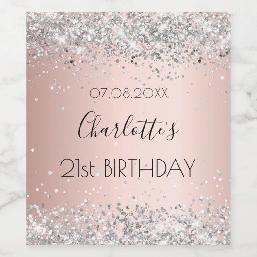 Birthday Rose gold silberner Konfettame Weinetikett (Einzelnes Label)