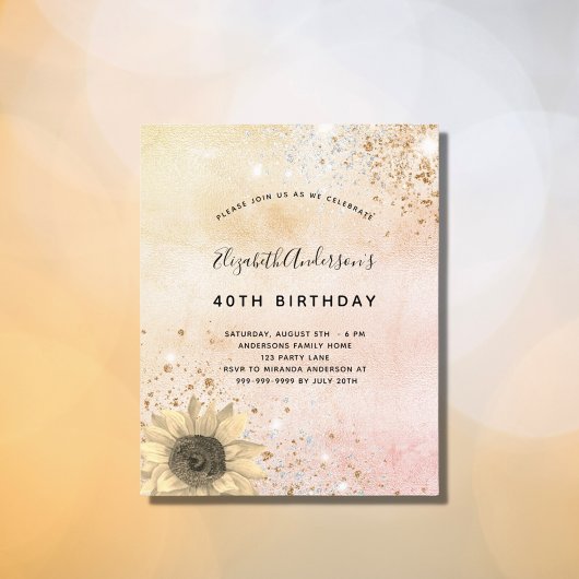 Birthday Rose Gold Sonnenblumen Einladung