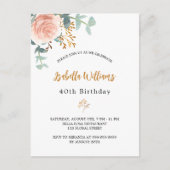 Birthday Rose Goldblume Eukalyptusgrün Einladungspostkarte (Vorderseite)