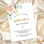 Birthday Rose Goldblume Eukalyptusgrün Einladungspostkarte<br><div class="desc">Eine elegante Einladung für eine 40. Geburtstagsfeier (oder jedes Alter). Ein schick weißer Hintergrund. Dekoriert mit einer Rose Gold und rot rosa Rose Blume, florale, grüne Eukalyptus Blätter, Sprigs, Grün und ein Imitat Gold Sprig. Personalisieren und Name und Party Details. Schwarze und goldene Buchstaben. Der Name ist mit einem modernen...</div>